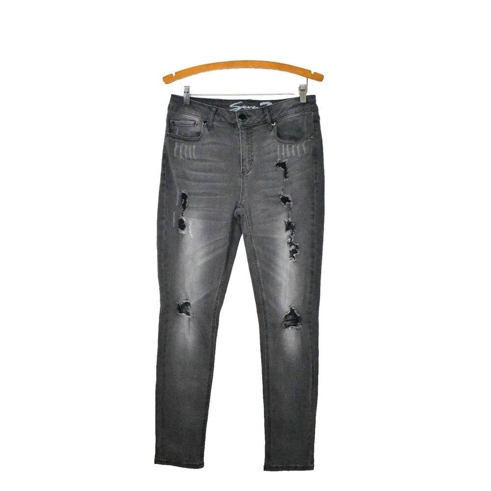 Seven7 High Rise Ankle Ripped Distressed Skinny Jeans Size 10 Gray Stretch Denim